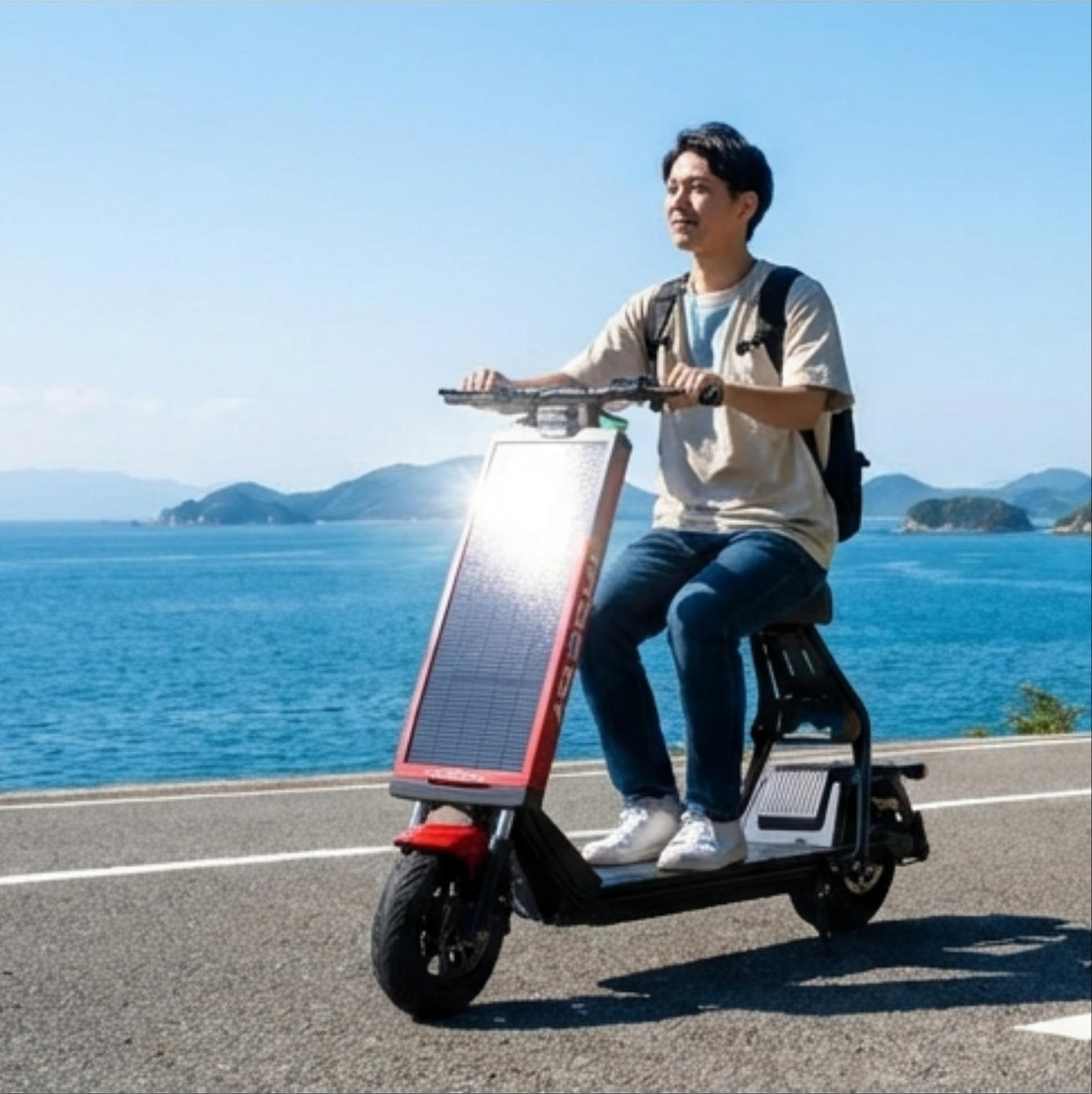 Standing AGAO model by the seaside road